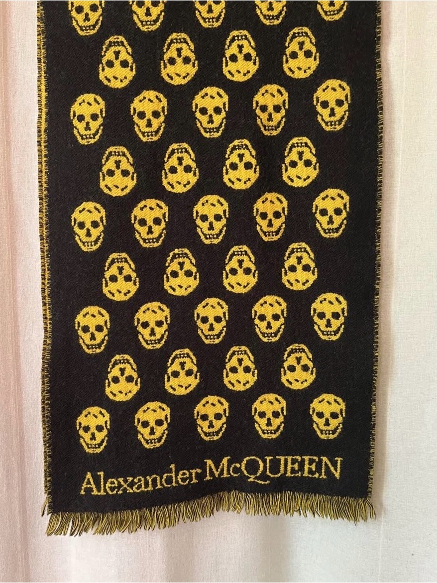 Alexander Mcqueen Black And Yellow Skull Wool Scarf